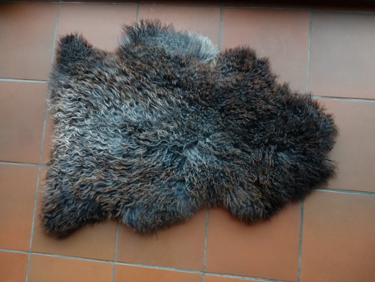 dunkles Lammfell auf Fliesen